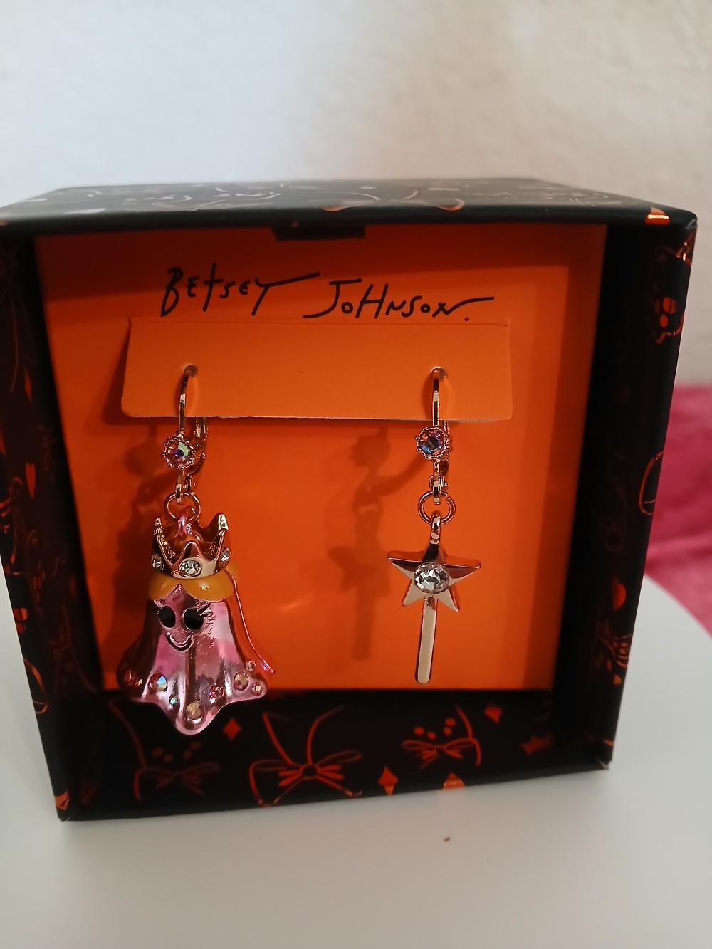 Betsey Johnson Pink Ghost with Silver Star Wand Dangle Earrings